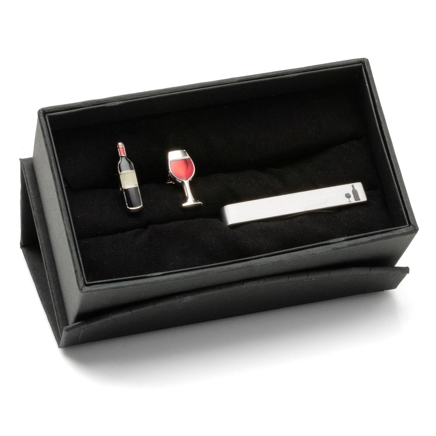 Wine-themed cufflinks and tie clip set in a black box on a white background