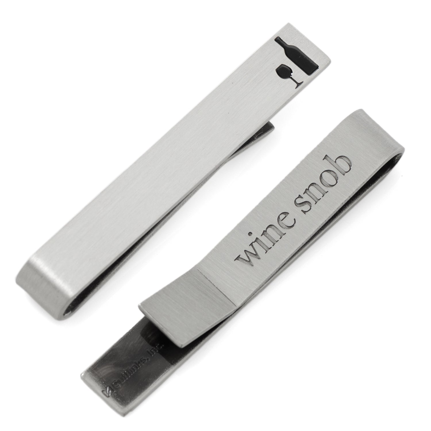 Silver wine bottle opener with 'wine snob' engraving on a white background