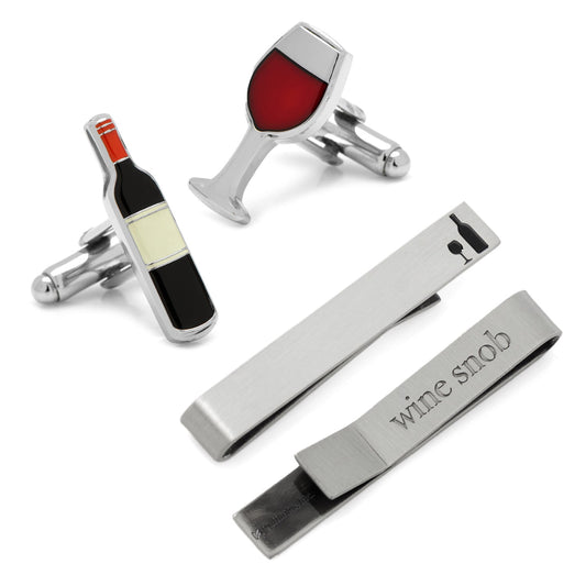 Wine-themed cufflinks and tie bar set on a white background