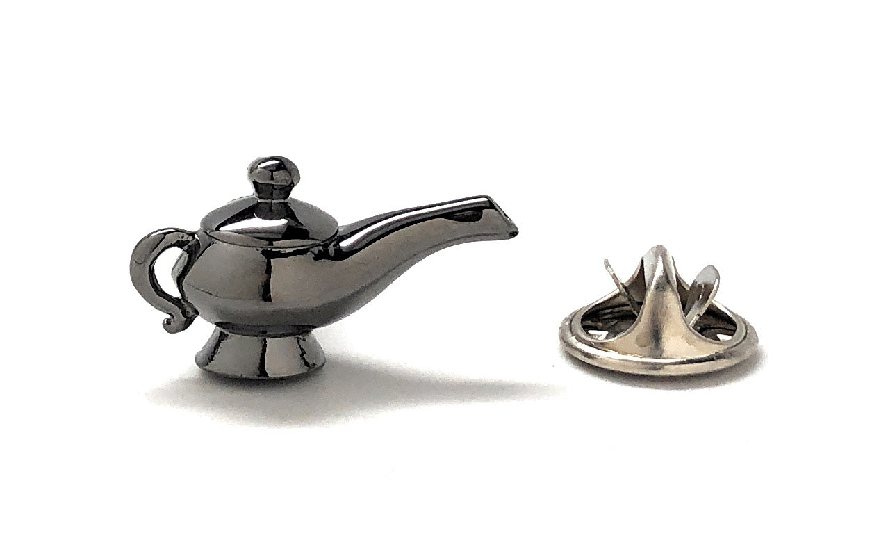 Silver genie lamp lapel pin with butterfly clutch backing – magic Aladdin fantasy accessory