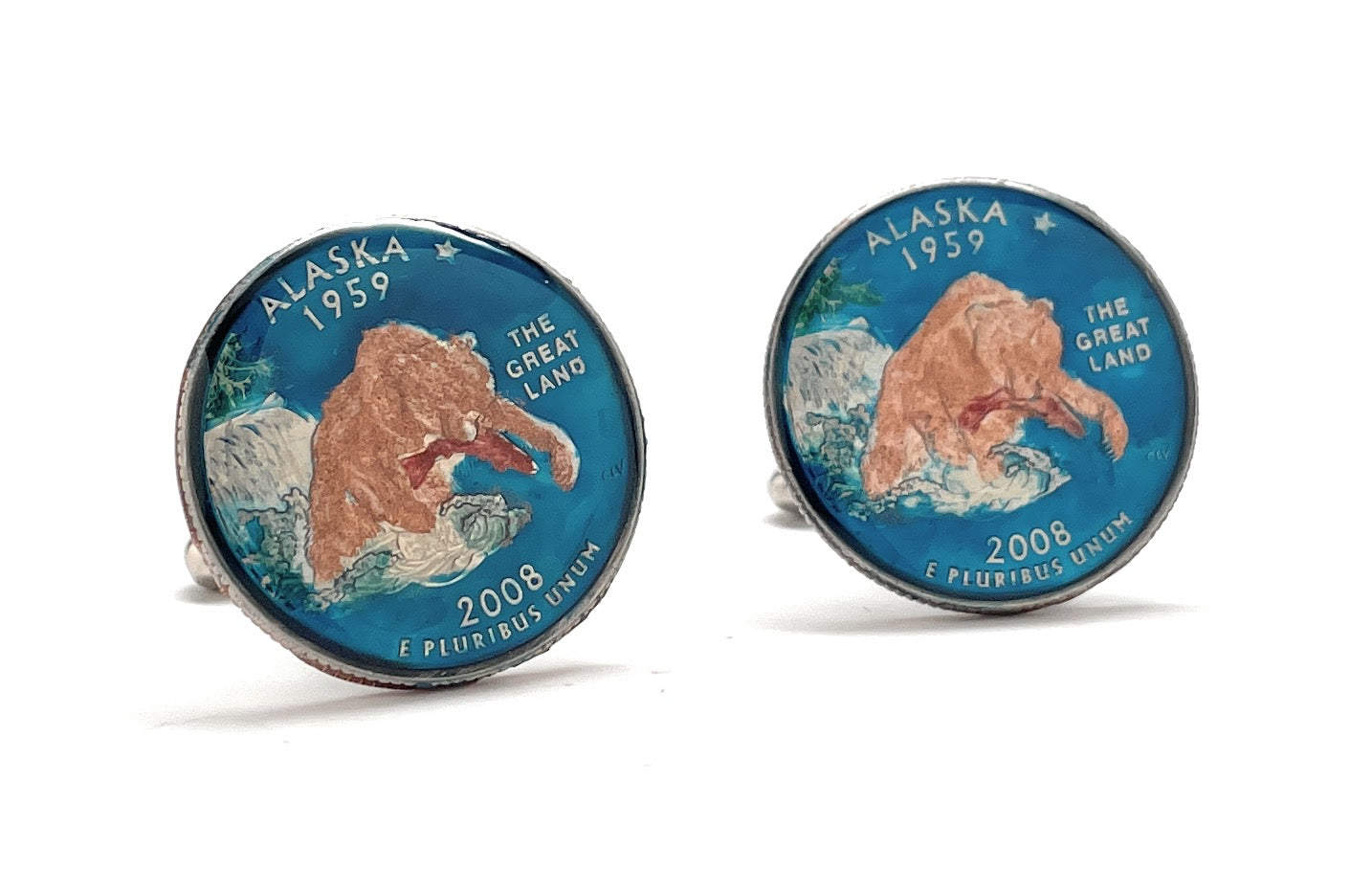 Hand-painted Alaska state quarter cufflinks with grizzly bear and salmon design and polished metal bullet-back closure