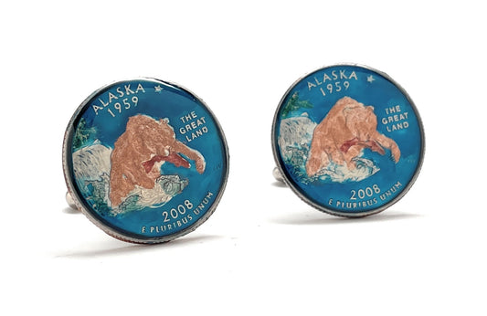 Hand-painted Alaska state quarter cufflinks with grizzly bear and salmon design and polished metal bullet-back closure
