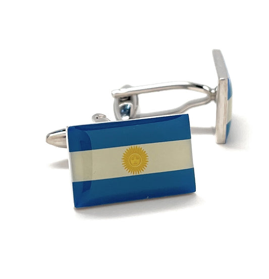 Argentina Flag Cufflinks – silver and enamel cufflinks featuring blue, white, and gold design with Sun of May emblem by JayPins, representing Argentinian pride and heritage.