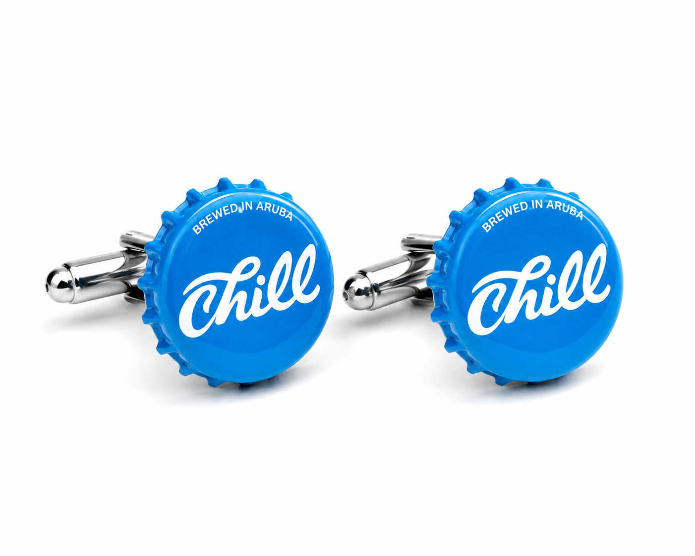 Aruba Blue bottle cap cufflinks with 'Chill' text on a white background