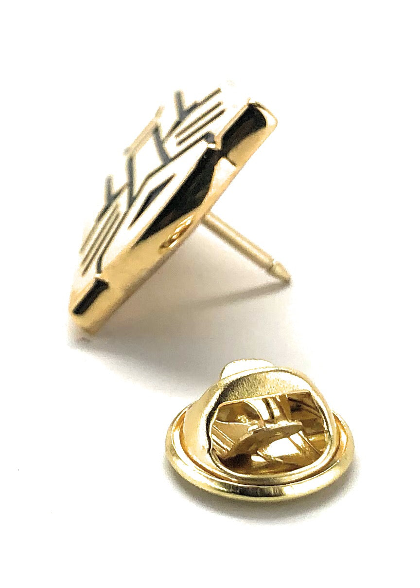 Gold Transformers robot emblem lapel pin with black detailing and gold clutch backing.