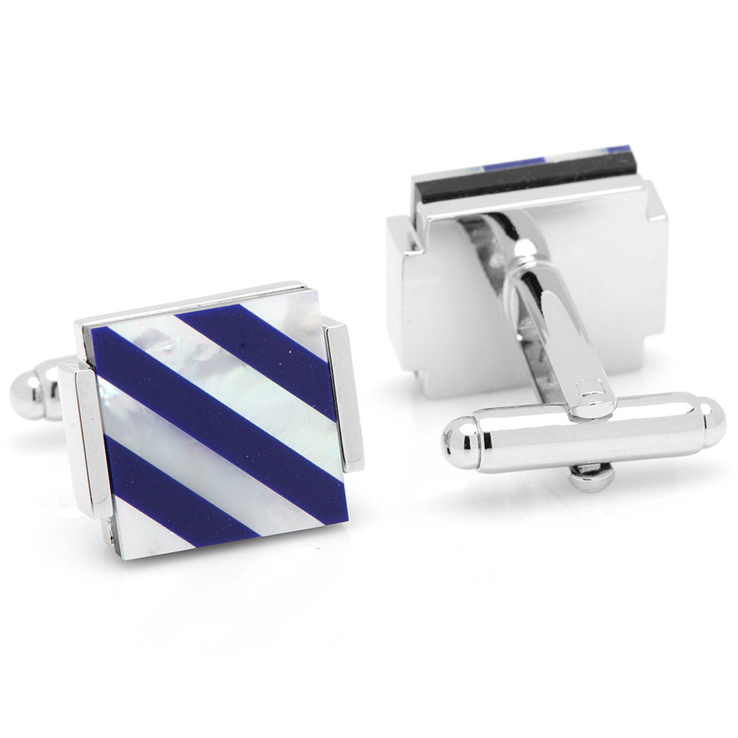 Cufflinks with blue and white striped design on a white background