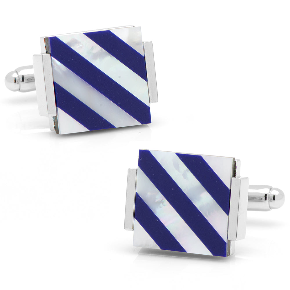 Pair of cufflinks with blue and white striped design on a white background