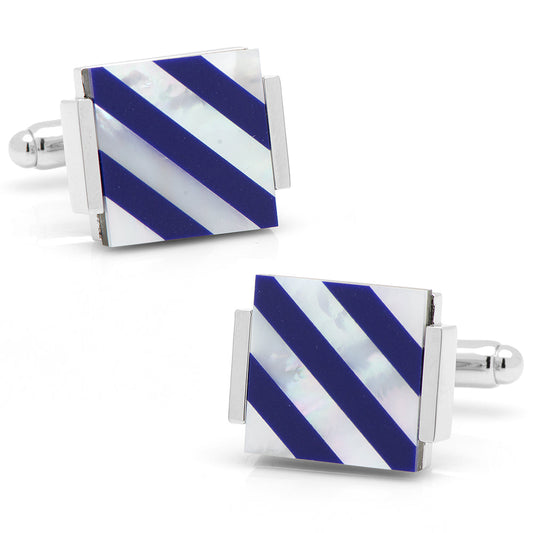 Pair of cufflinks with blue and white striped design on a white background