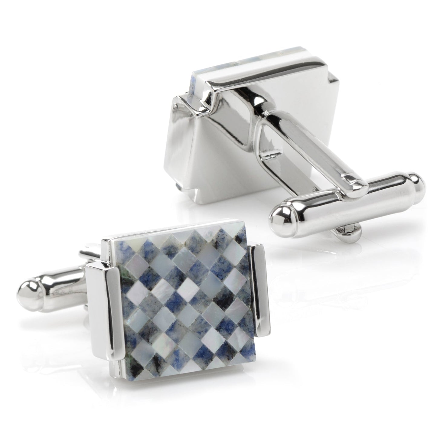 Cufflinks with a checkered pattern on a white background