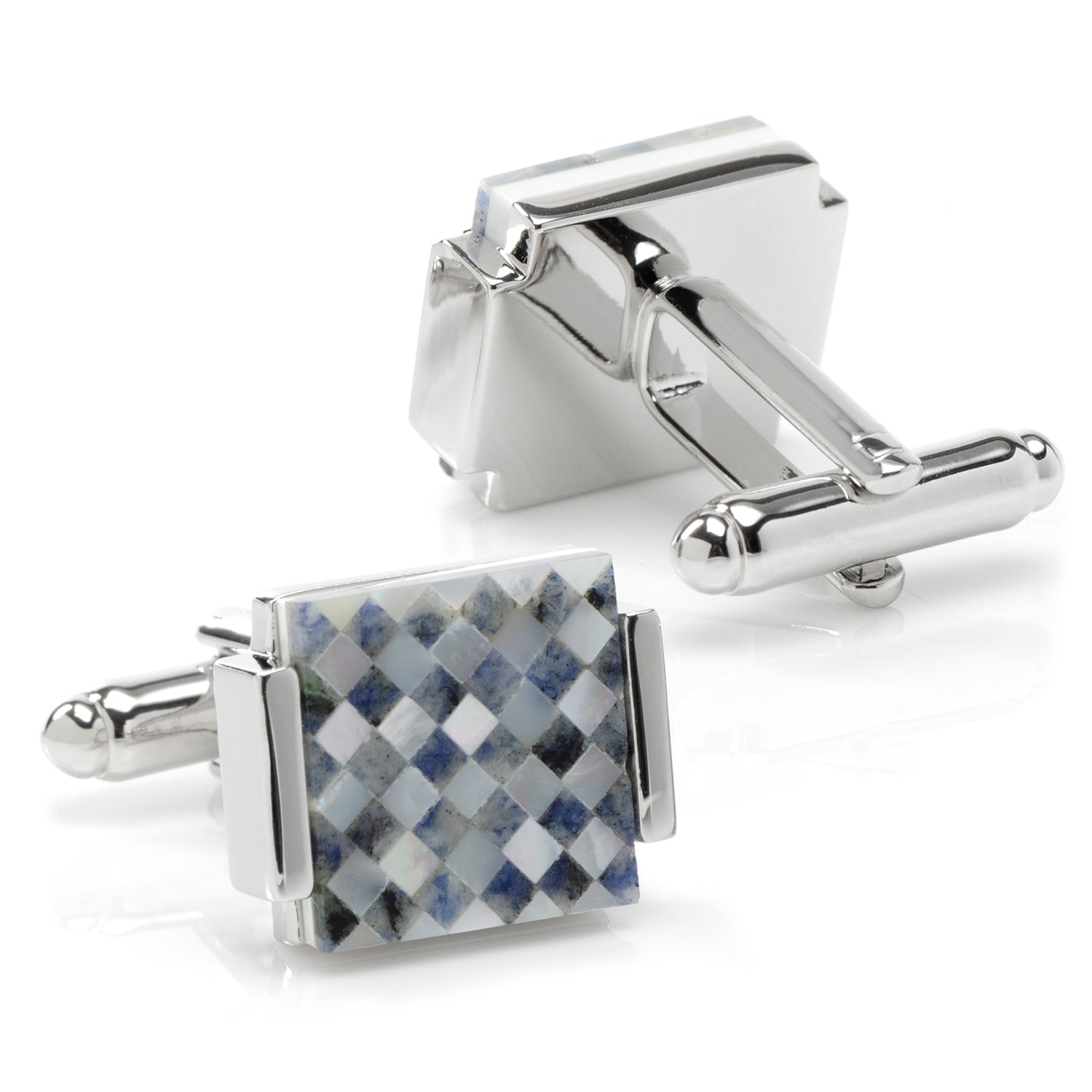 Cufflinks with a checkered pattern on a white background