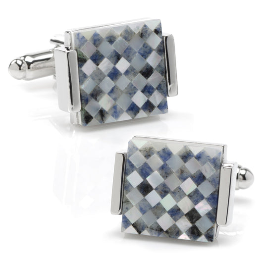 Pair of square cufflinks with a checkered pattern on a white background