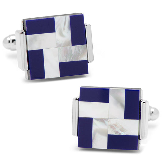 Pair of cufflinks with blue and white checkered pattern on a white background