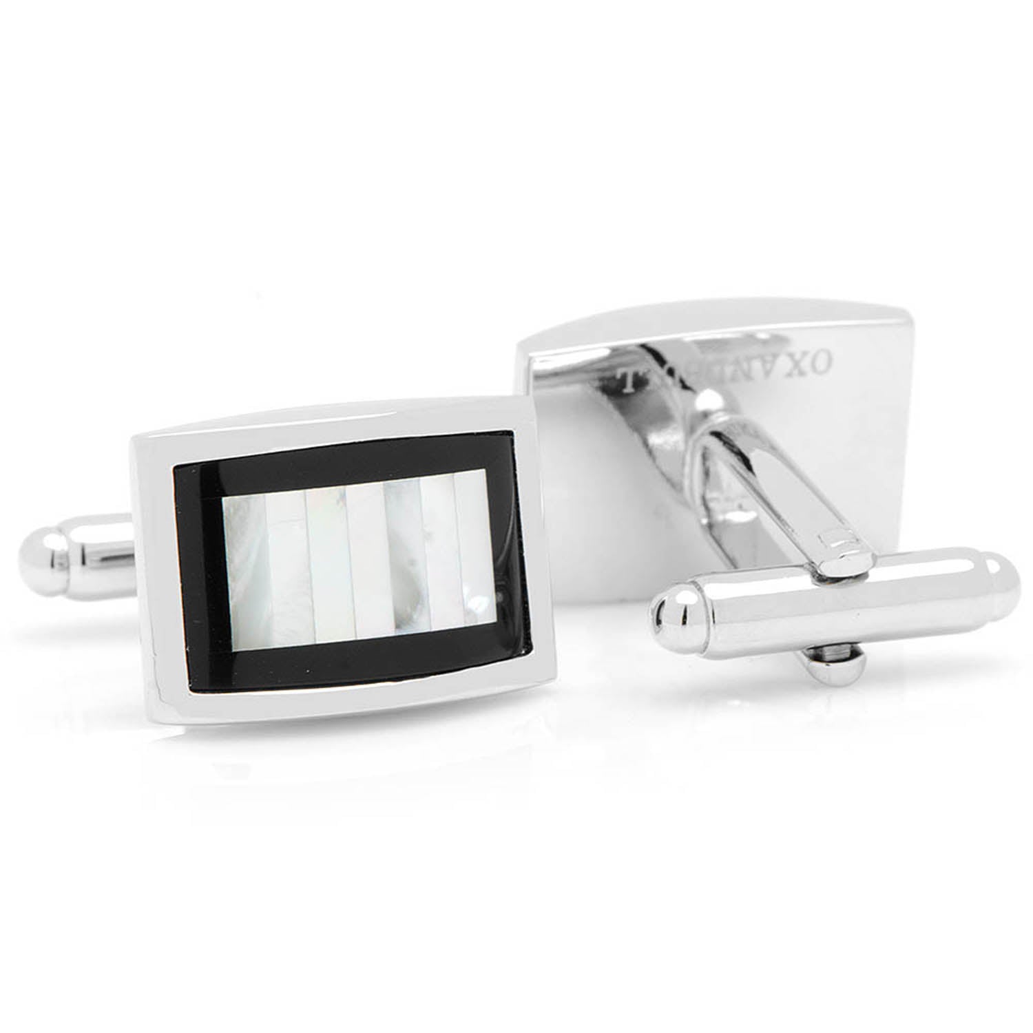 Silver rectangular cufflinks with a black center on a white background