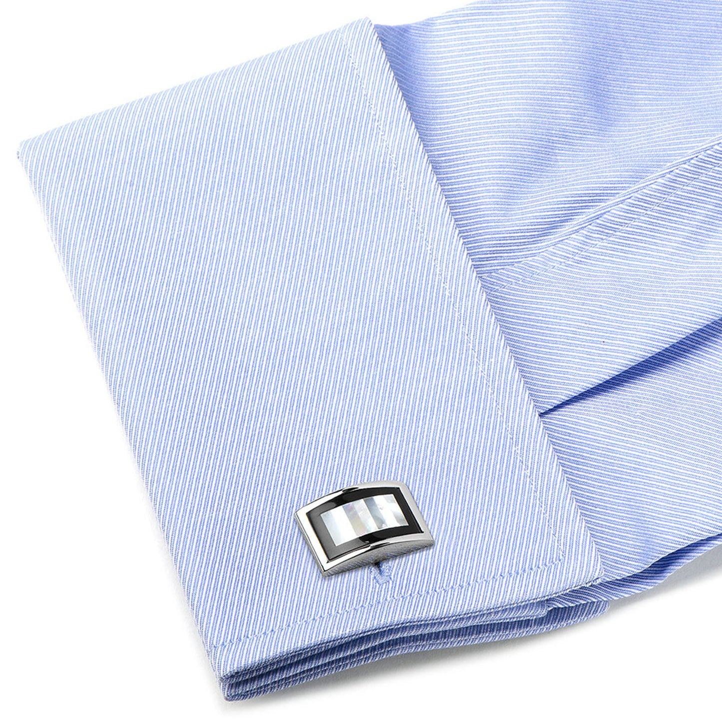 Blue striped shirt with a silver cufflink on a white background