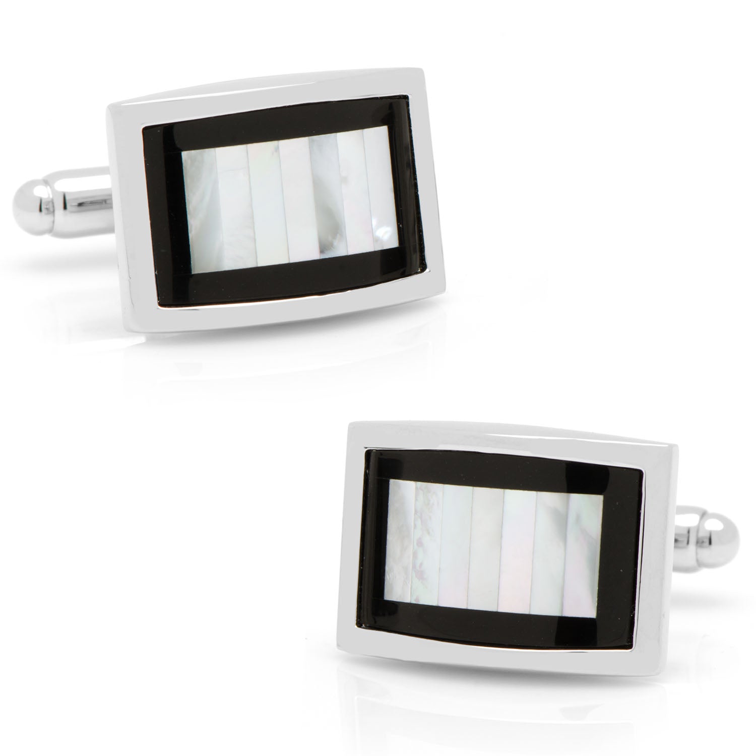 Pair of rectangular cufflinks with black and silver frame on a white background