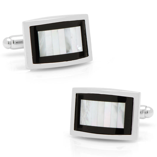 Pair of rectangular cufflinks with black and silver frame on a white background