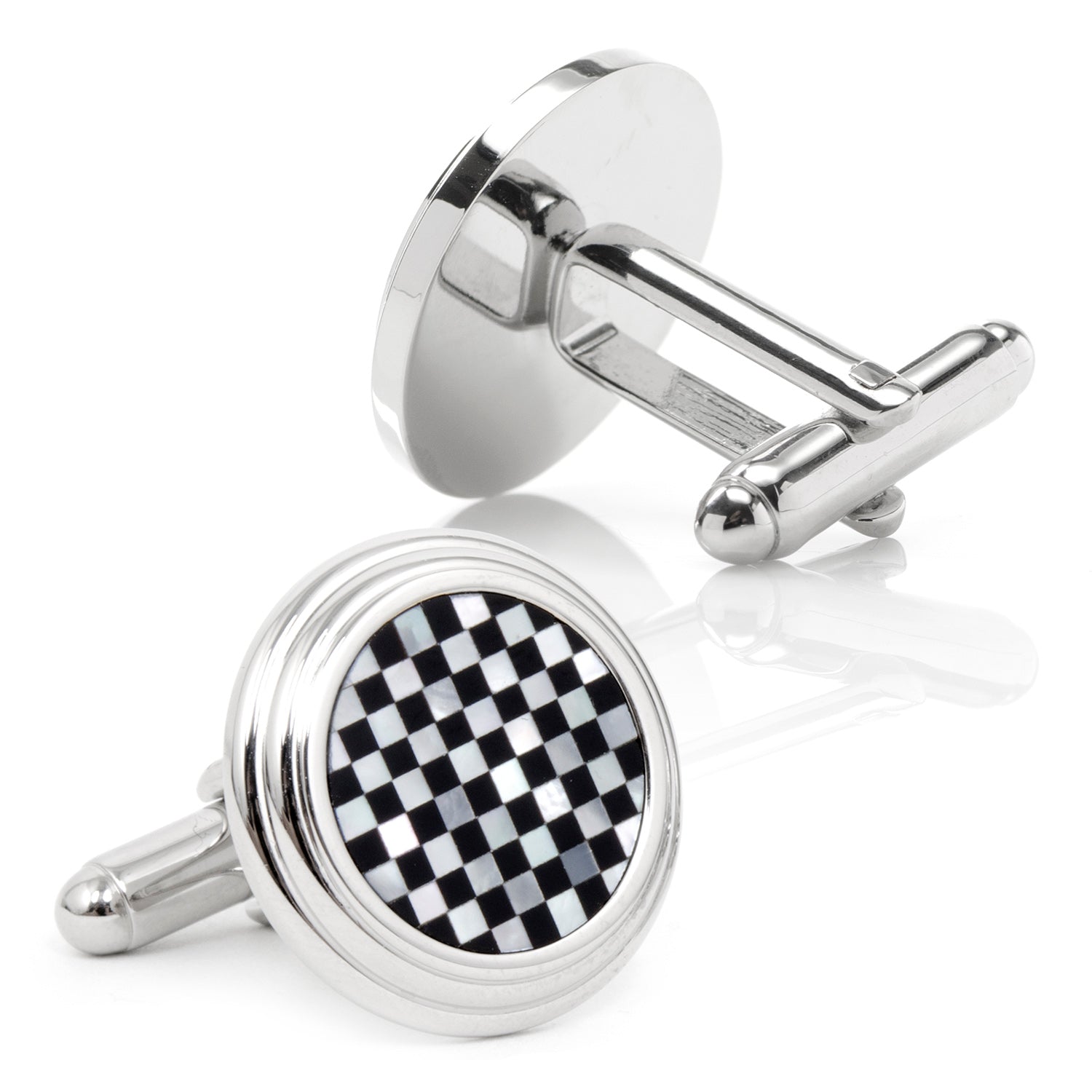 Cufflinks with a checkered design on a white background