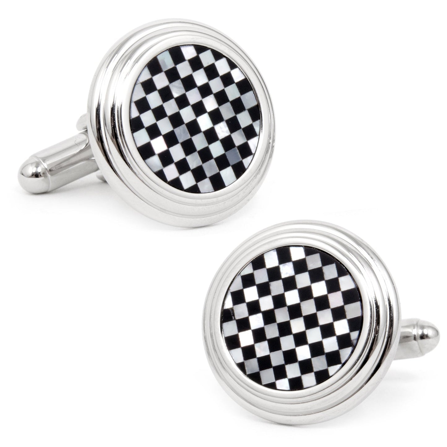 Pair of checkered cufflinks with silver borders on a white background