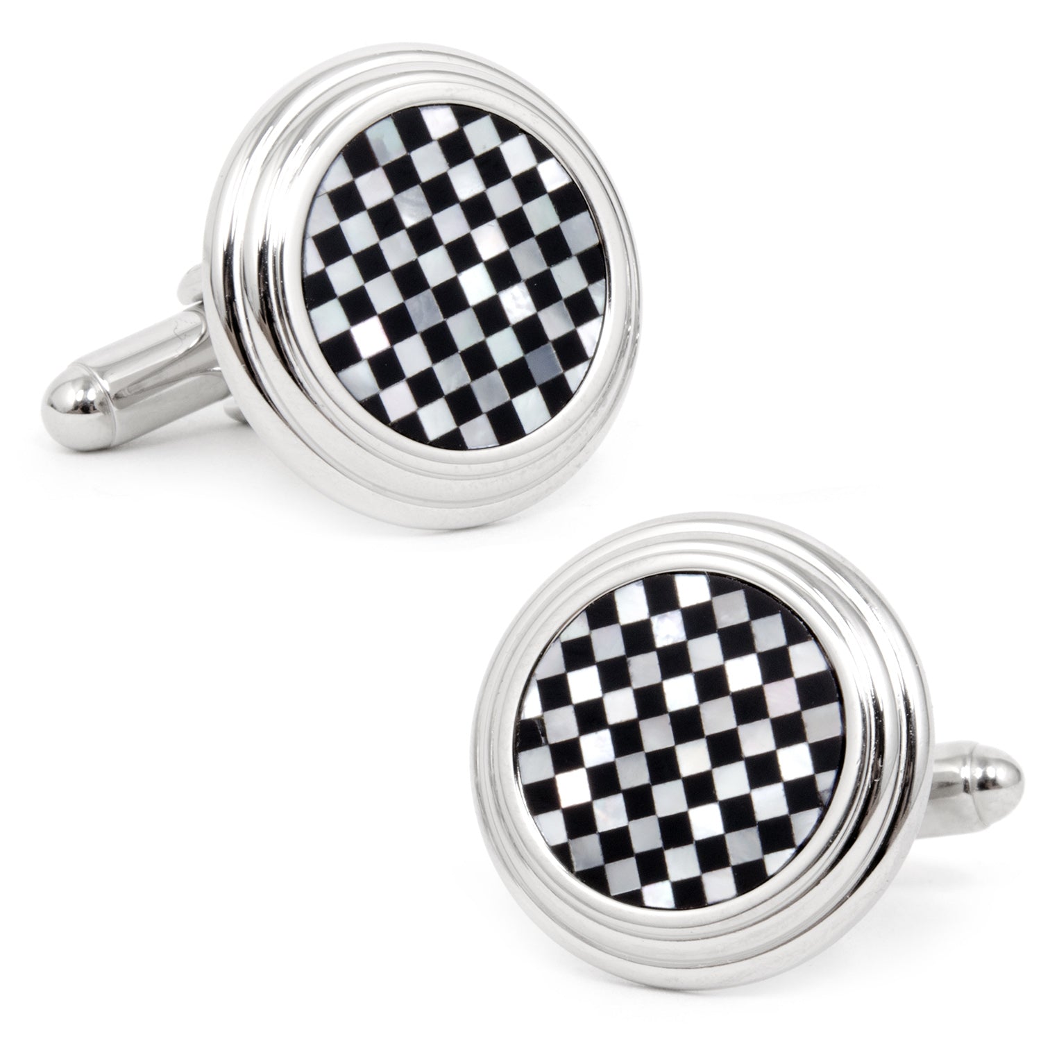 Pair of checkered cufflinks with silver borders on a white background