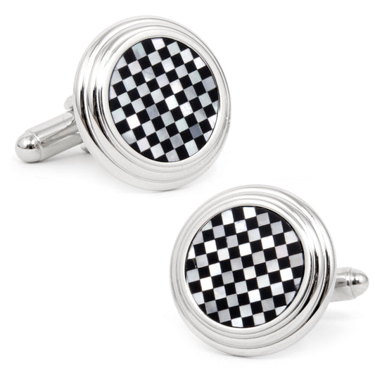 Pair of checkered cufflinks with silver borders on a white background