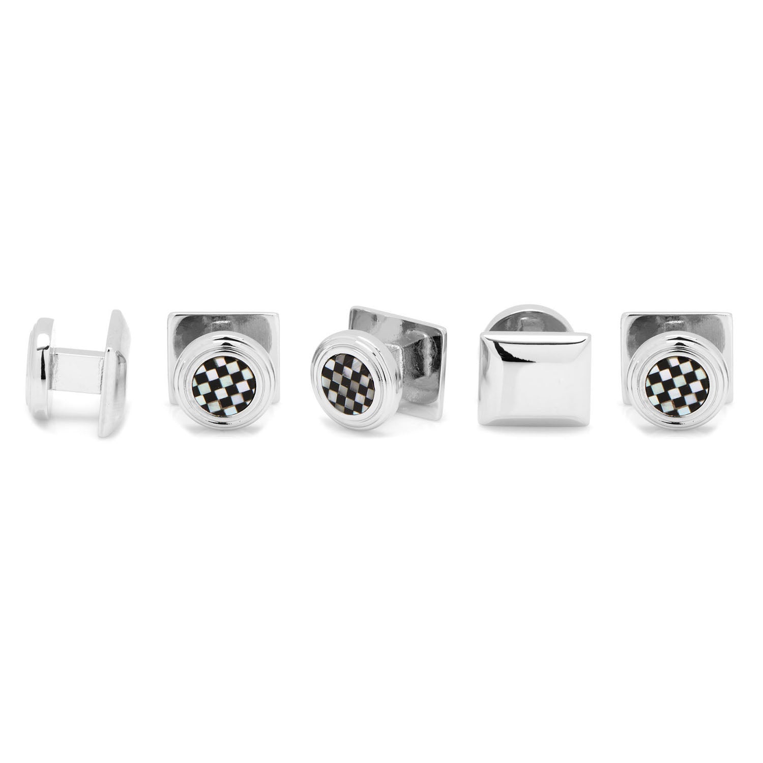 Set of silver cufflinks with checkered pattern on a white background