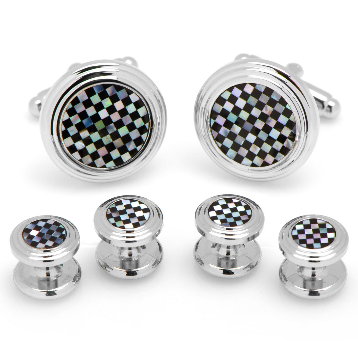 Set of cufflinks and matching shirt studs with a checkered pattern on a white background