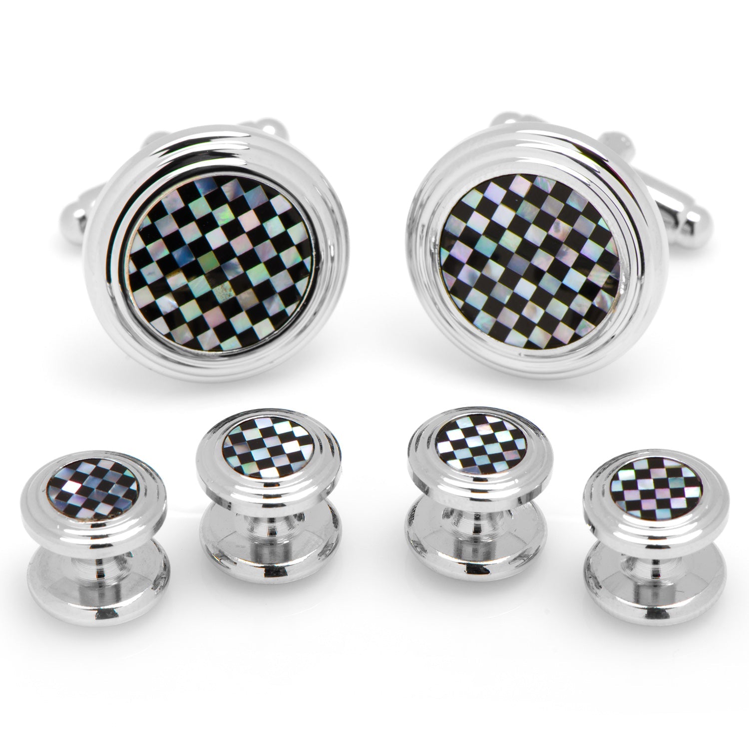 Set of cufflinks and matching shirt studs with a checkered pattern on a white background