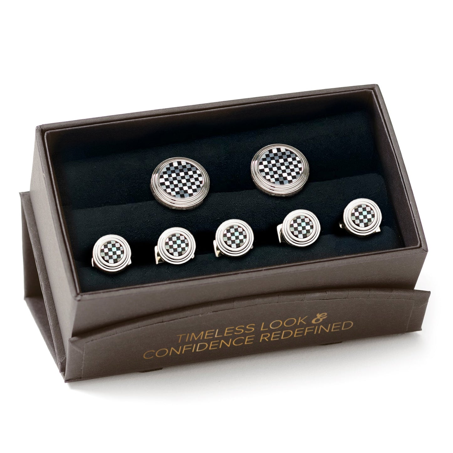 Set of silver checkered cufflinks in a brown box with text on a white background