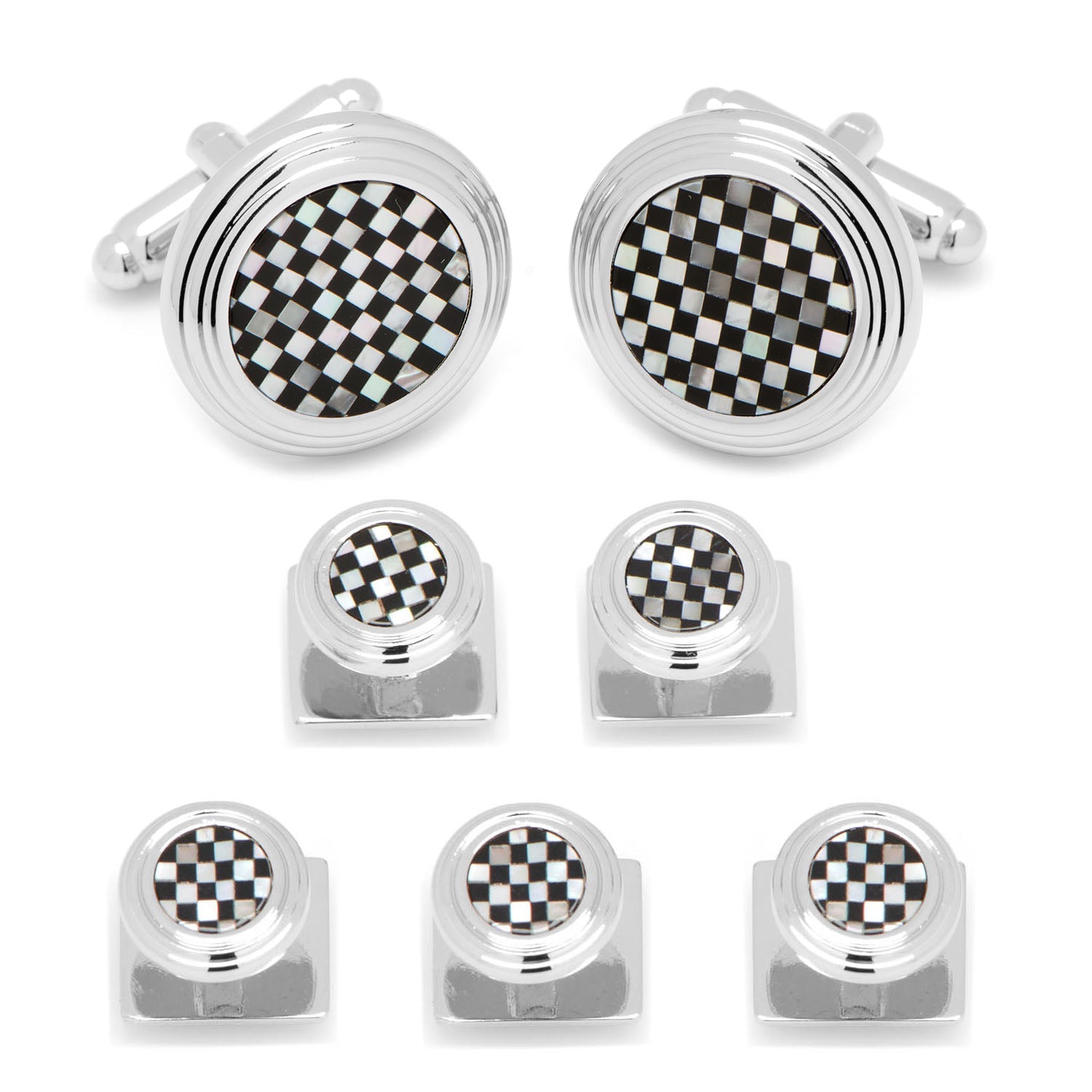 Set of checkered flag-themed cufflinks and tie clips on a white background