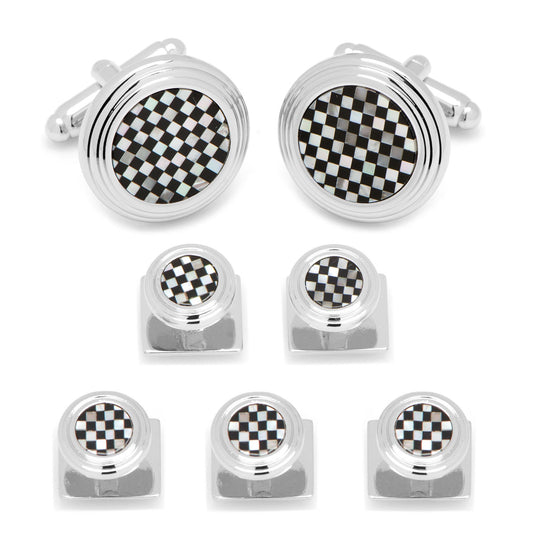 Set of checkered flag-themed cufflinks and tie clips on a white background