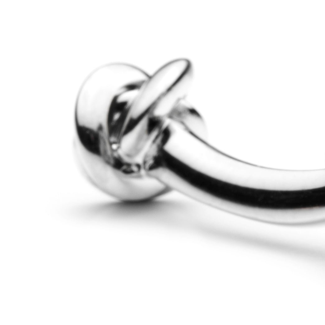 Metallic object with a knob-like feature on a white background