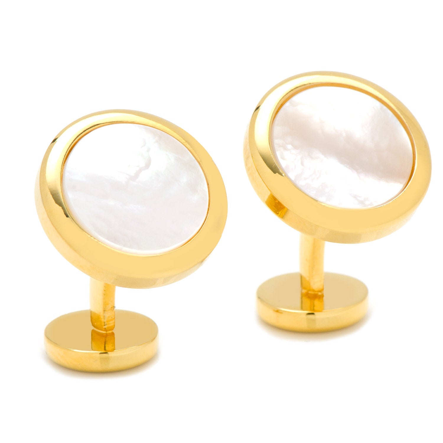 Gold cufflinks with white round stones on a white background
