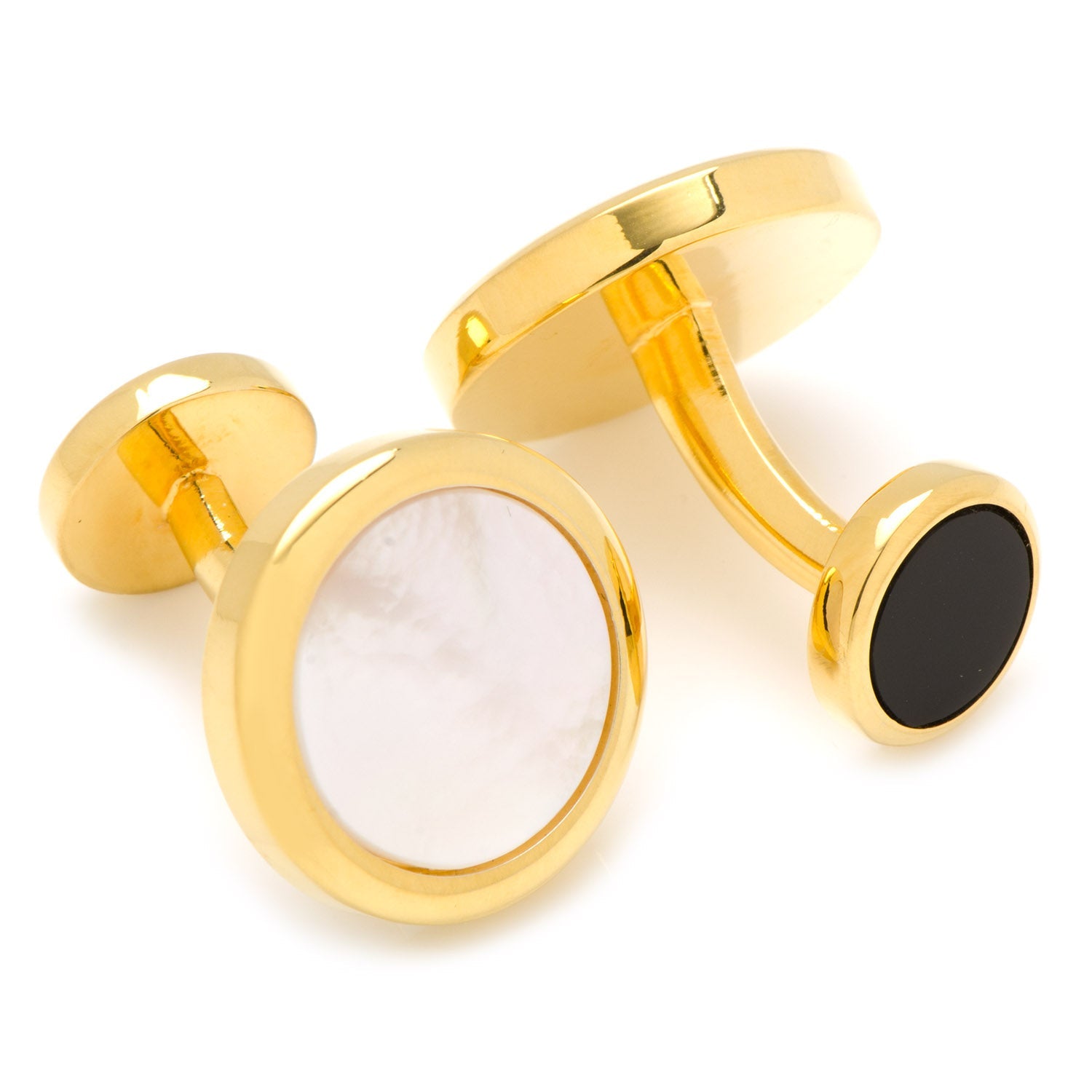 Gold cufflinks with white and black stones on a white background