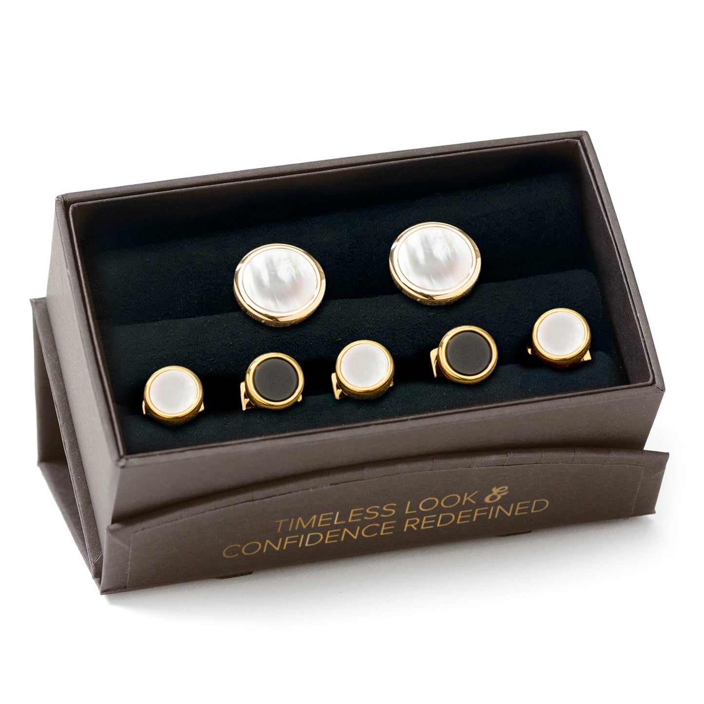 Set of cufflinks in a brown box with text on a white background