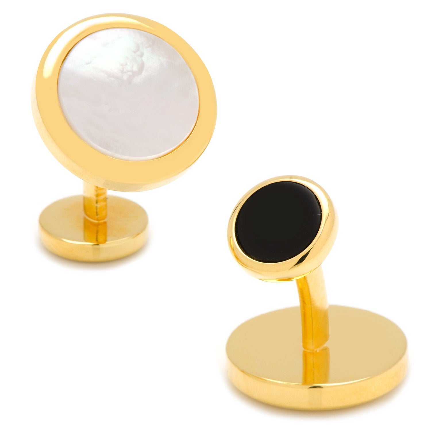 Gold cufflinks with one black and one white gemstone on a white background