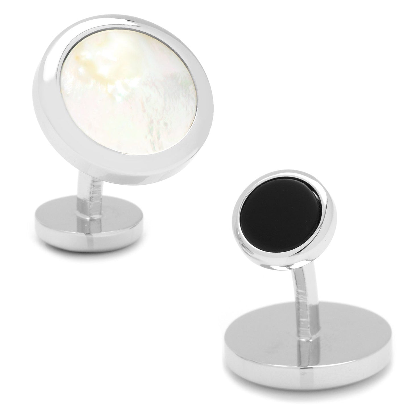 Two silver cufflinks with one featuring a black stone on a white background