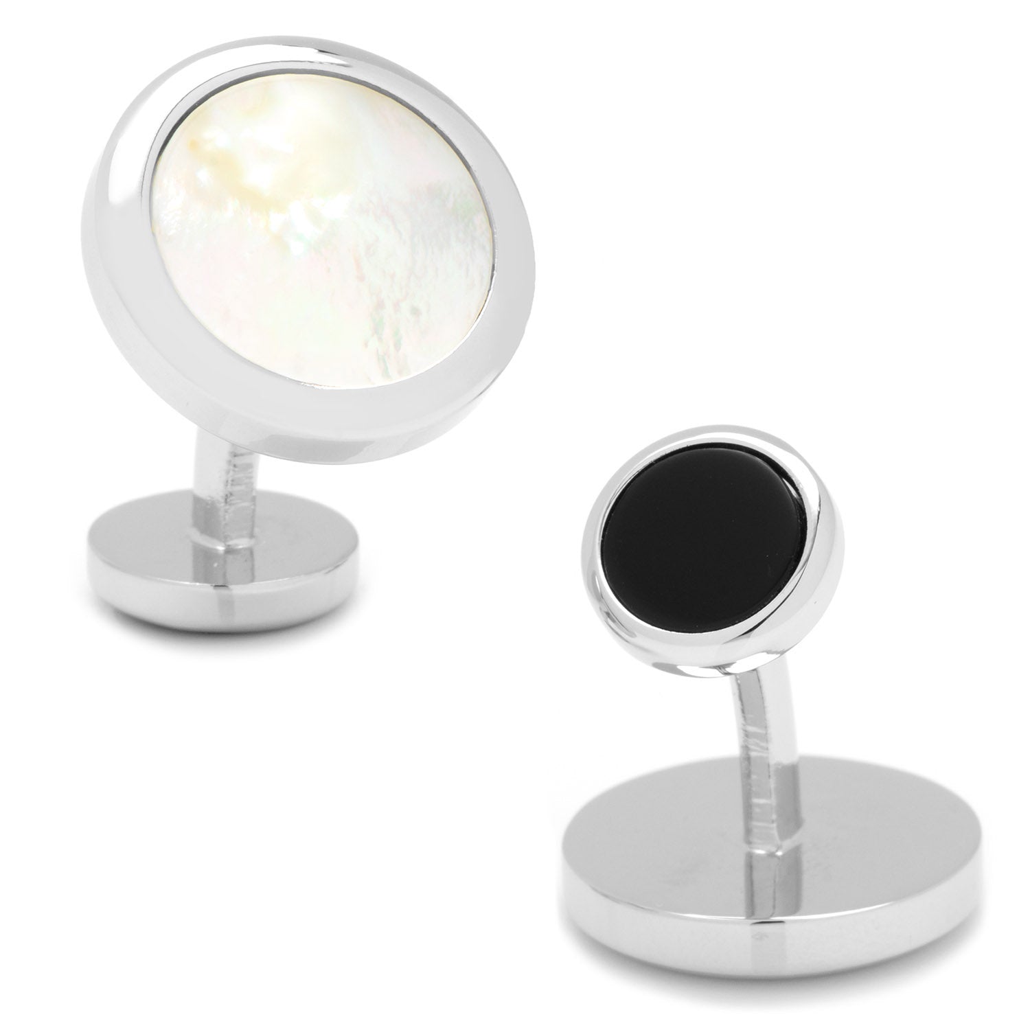 Two silver cufflinks with one featuring a black stone on a white background