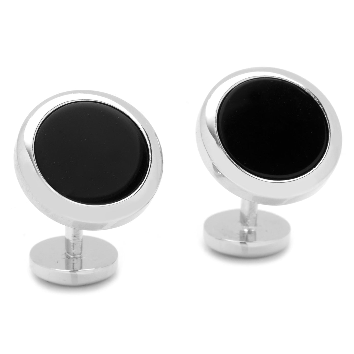 Pair of silver cufflinks with black circular stones on a white background