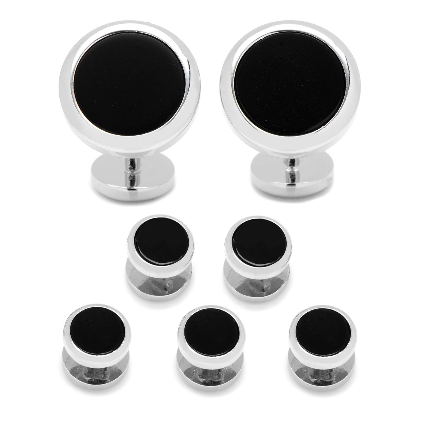 Set of black and silver circular objects on a white background