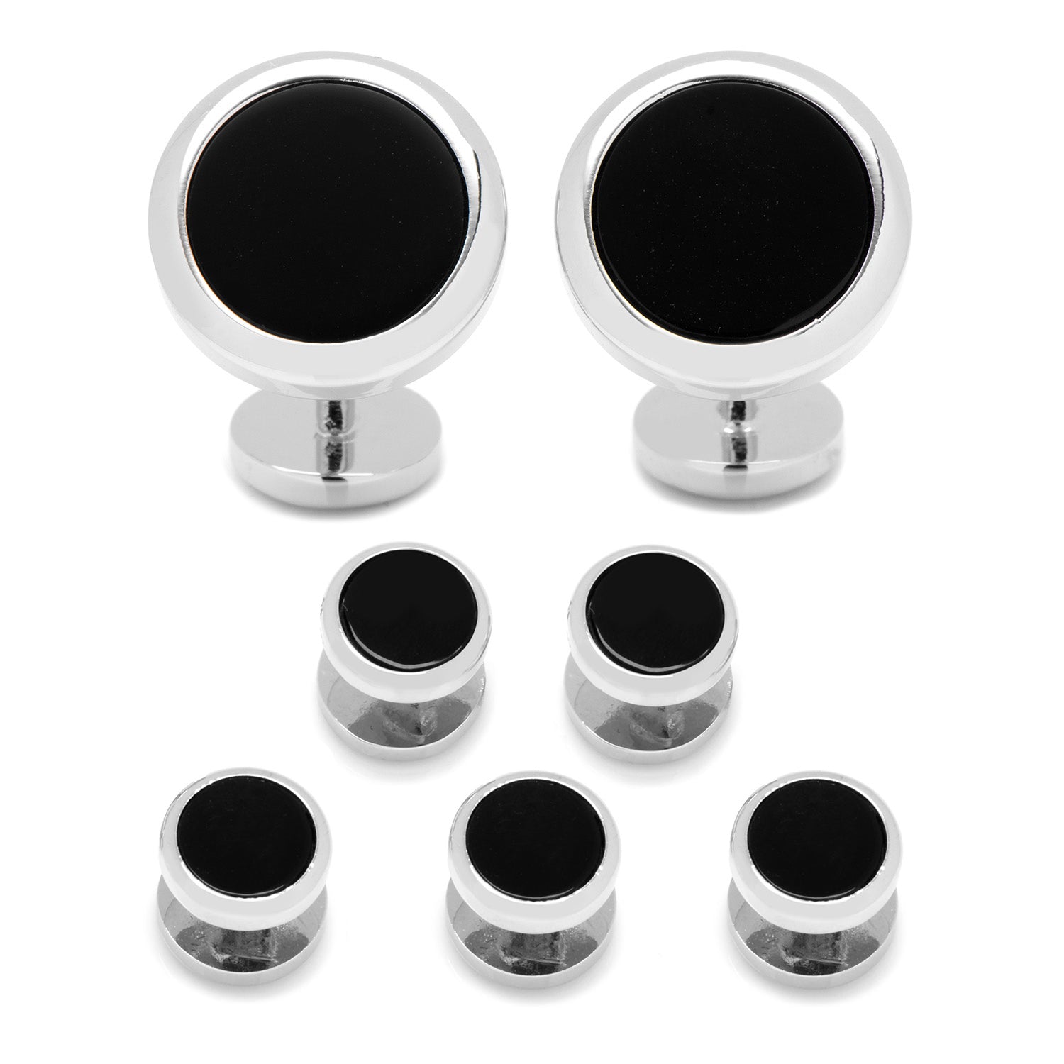 Set of black and silver circular objects on a white background