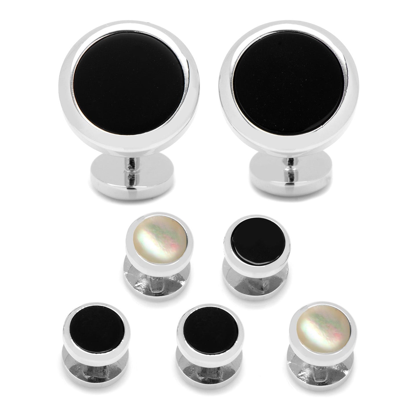 Set of black and silver earrings on a white background
