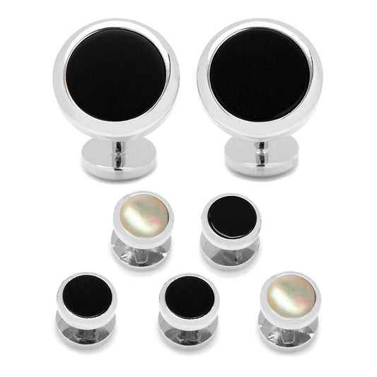 Set of black and silver earrings on a white background