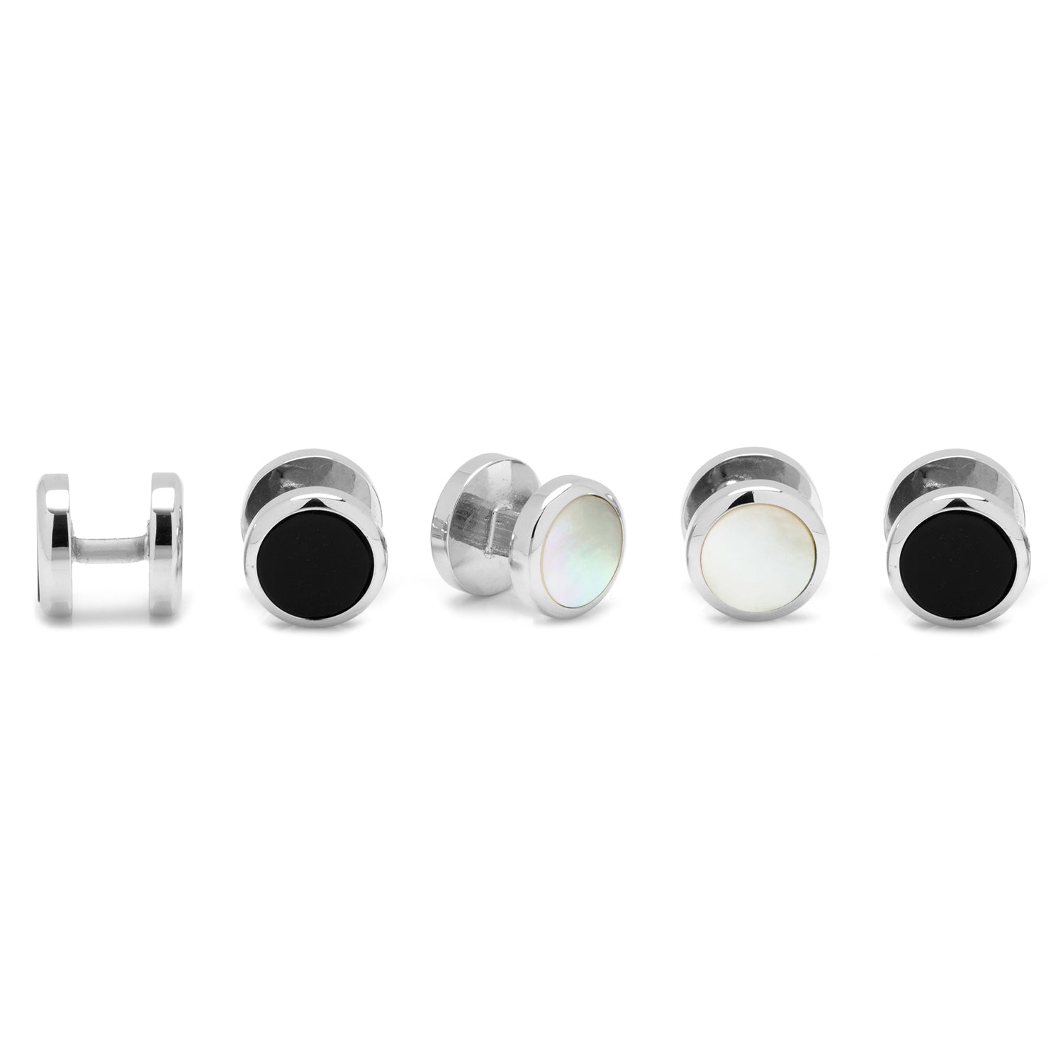 Set of silver and black earrings on a white background
