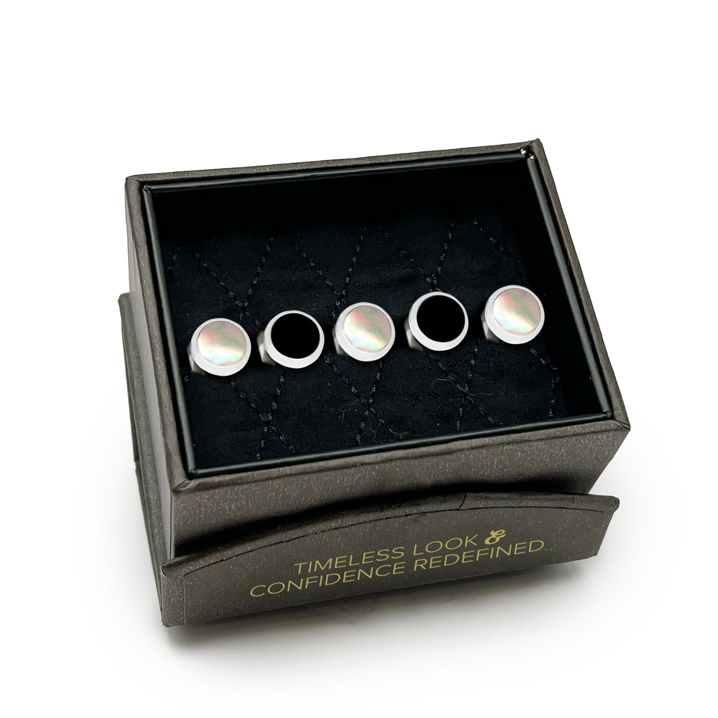 Set of earrings in a black box with text on a white background