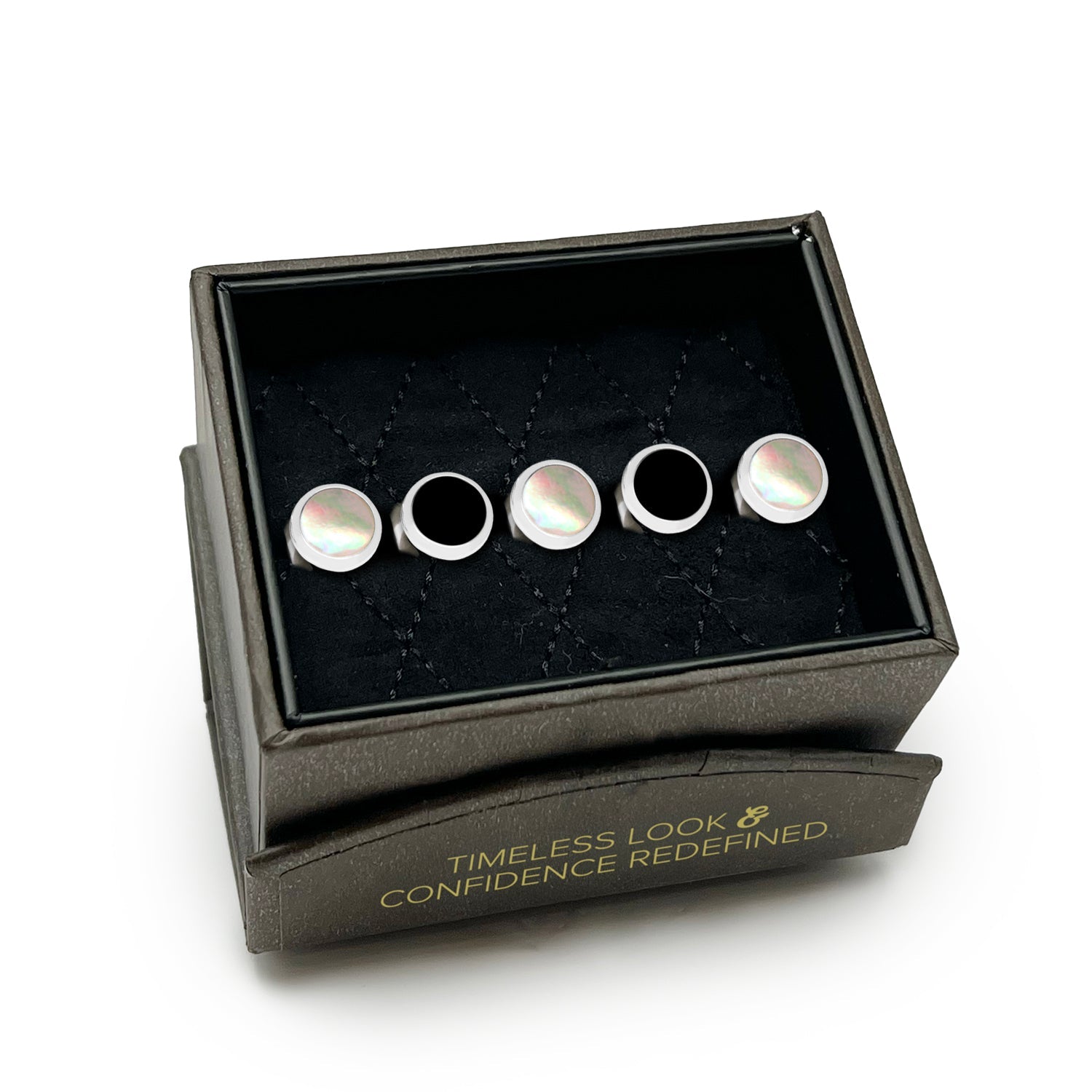 Set of earrings in a black box with text on a white background