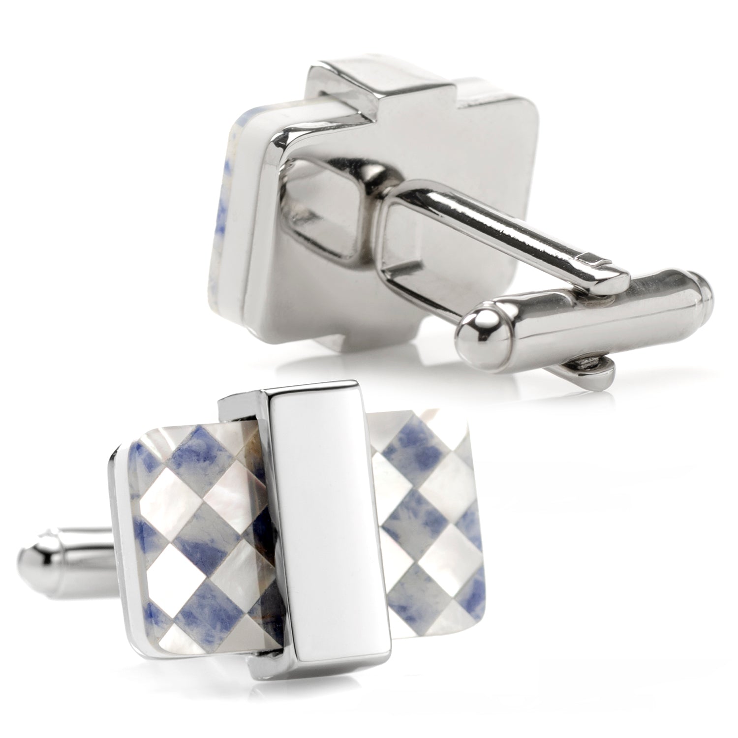 Silver cufflinks with checkered pattern on a white background