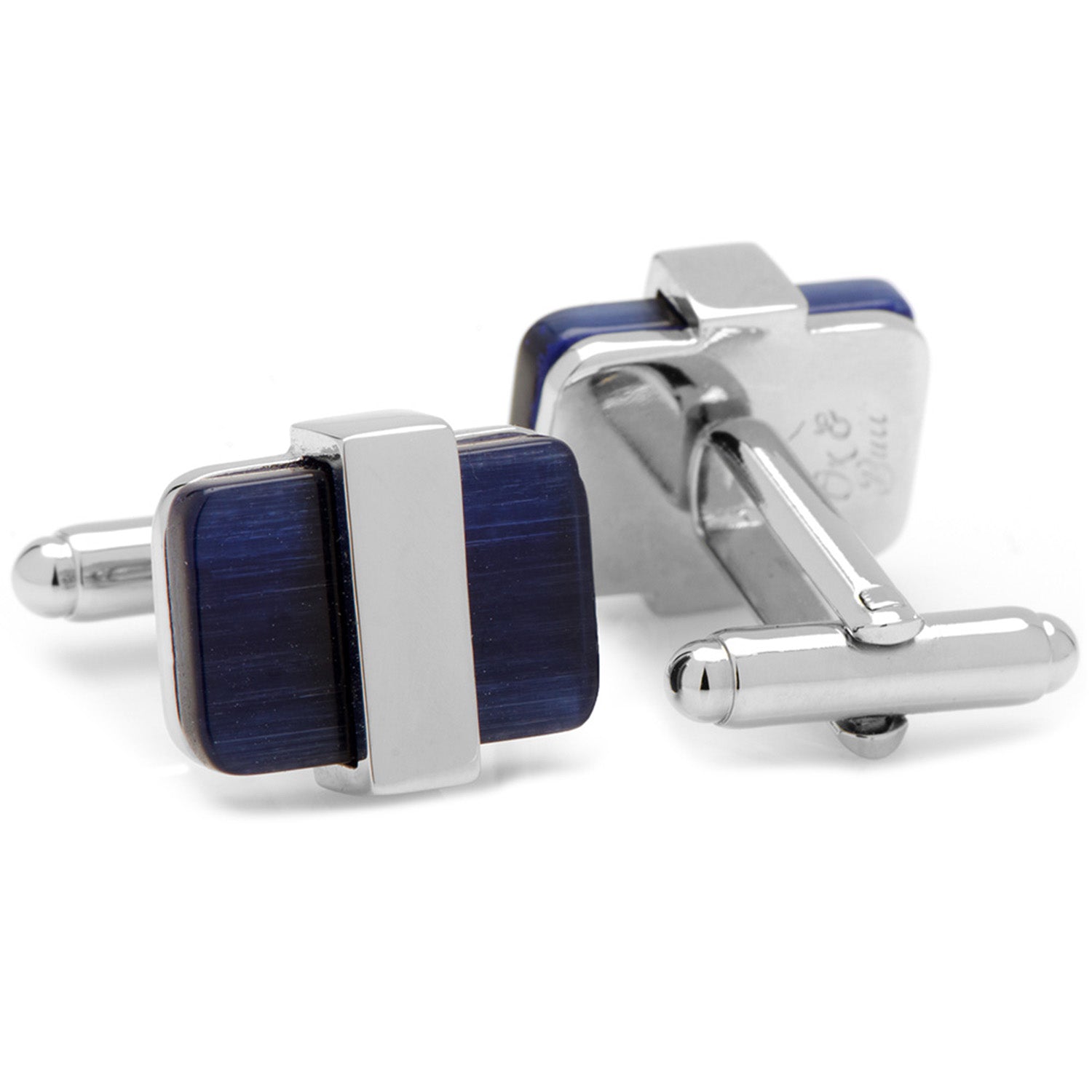 Silver cufflinks with blue stone on a white background
