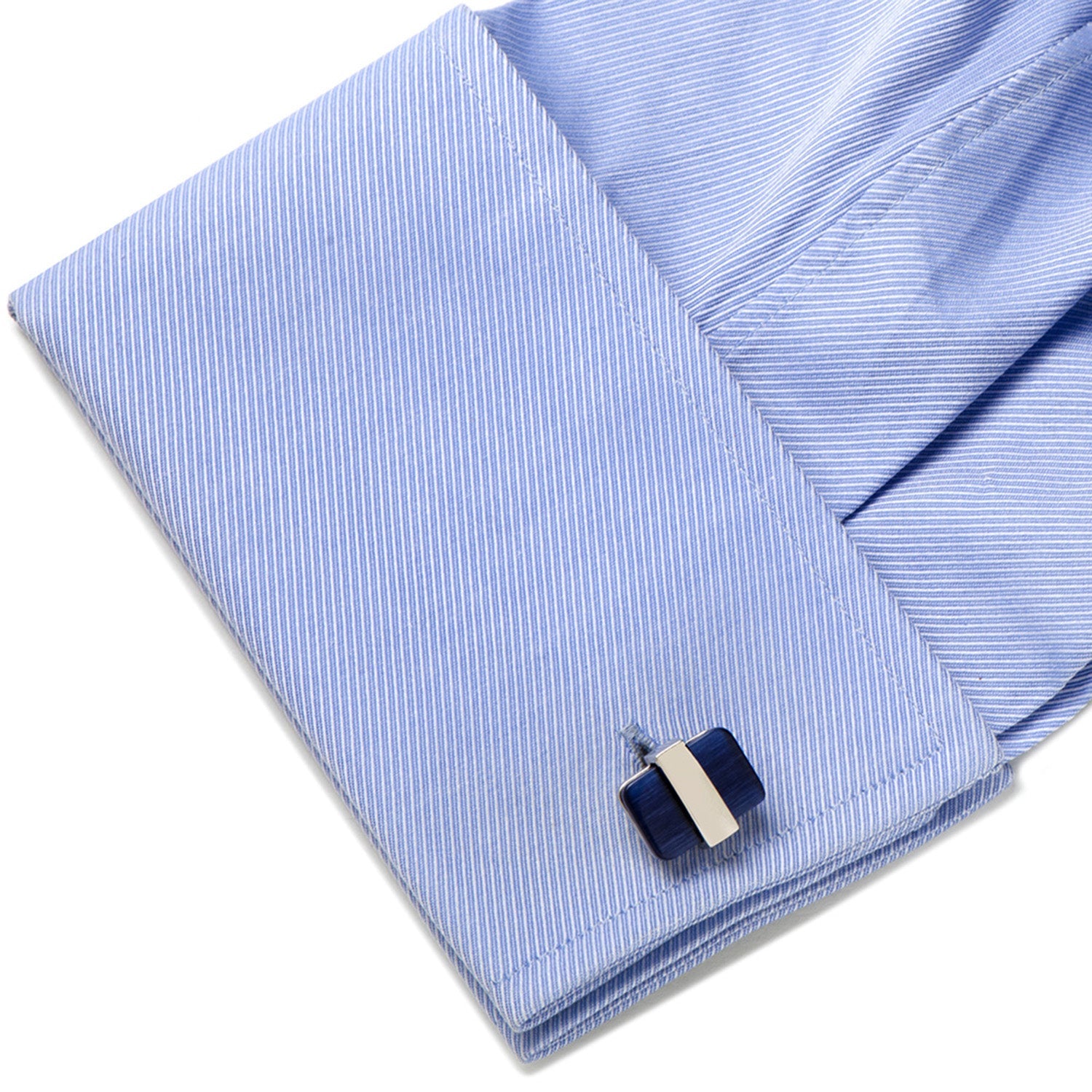 Blue striped shirt with a cufflink on a white background