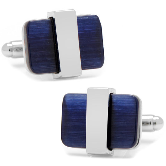 Pair of blue and silver cufflinks on a white background