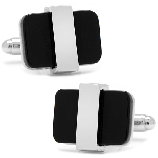 Black and silver rectangular cufflinks on a white background